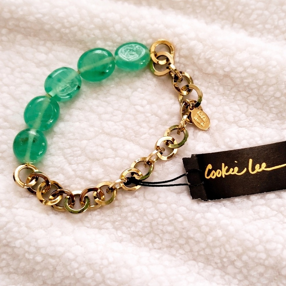 Cookie Lee Green Beaded Gold Tone Chain Stretch Bracelet NWT